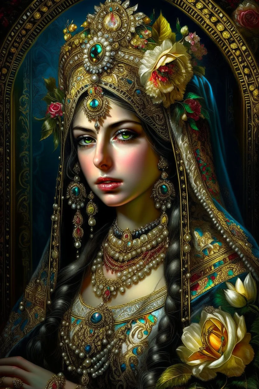 Beautiful facee Arabian Princess front wiev portrait, adorned with giant Jasmine, and lily flower ,roses , golden pearls , zafir gemstone headress, wearing floral, lace, pearls, zafirs ornate Iranian costume, organic bio spinal ribbed detail of Iranian style full jasmin and rose and persian garden background by the moonlight extremely detailed hyperrealistic maximalist portrait art 256K