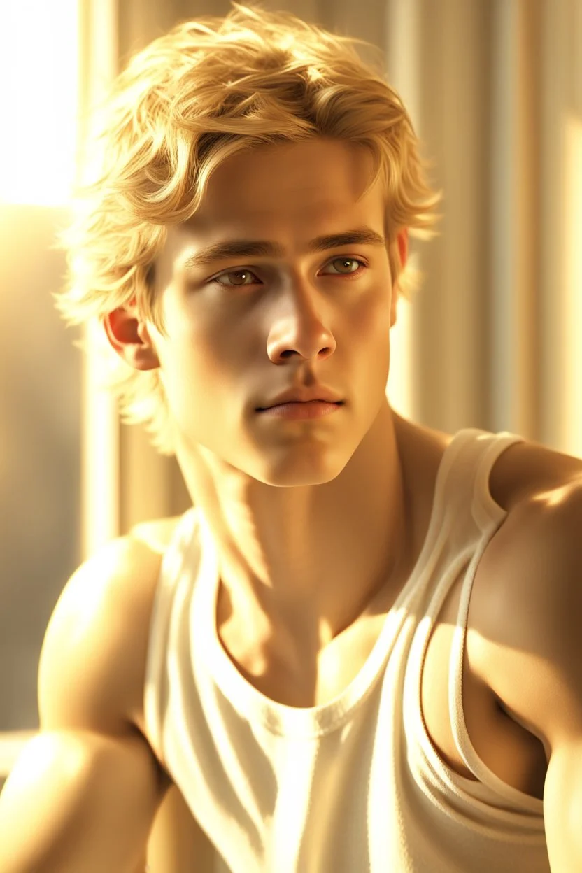 A macro portrait of an athletic teen boy with honey brown eyes, messy golden blond hair, cute, innocent and thoughtful, leaning against a window, a hint of facial hair, no shirt, shirtless, inside an empty room with warm sunlight streaming in, detailed, high definition, 4K, 8K, quality render