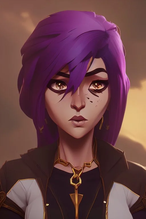 arcane animation series style, league of legends, Solo, 1girl, attractive teenager, african, dark skin, golden eyes, black hair, pair buns, forehead bangs colored in violet, necklace, earrings, modern makeup, (detailed skin texture), white oversize shirt