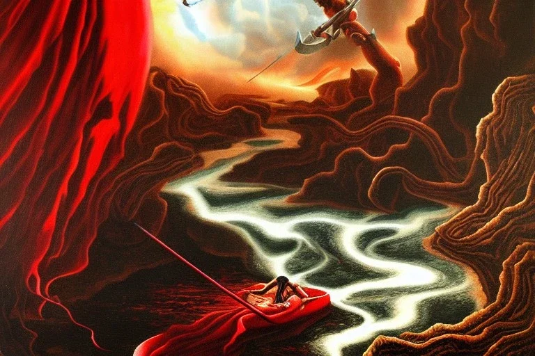 The red hot River Styx leading to hades, Charon, high detail, oilpainting, fine detail, high quality,