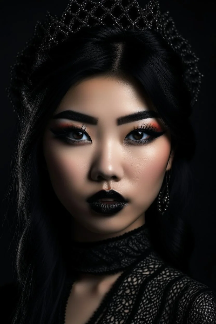 portrait of a young gorgeous fantasy asian goth woman, black makeup, black eyeline, black lipstick, fantasy style, realistic style, highly intrictae details, high quality, 8k