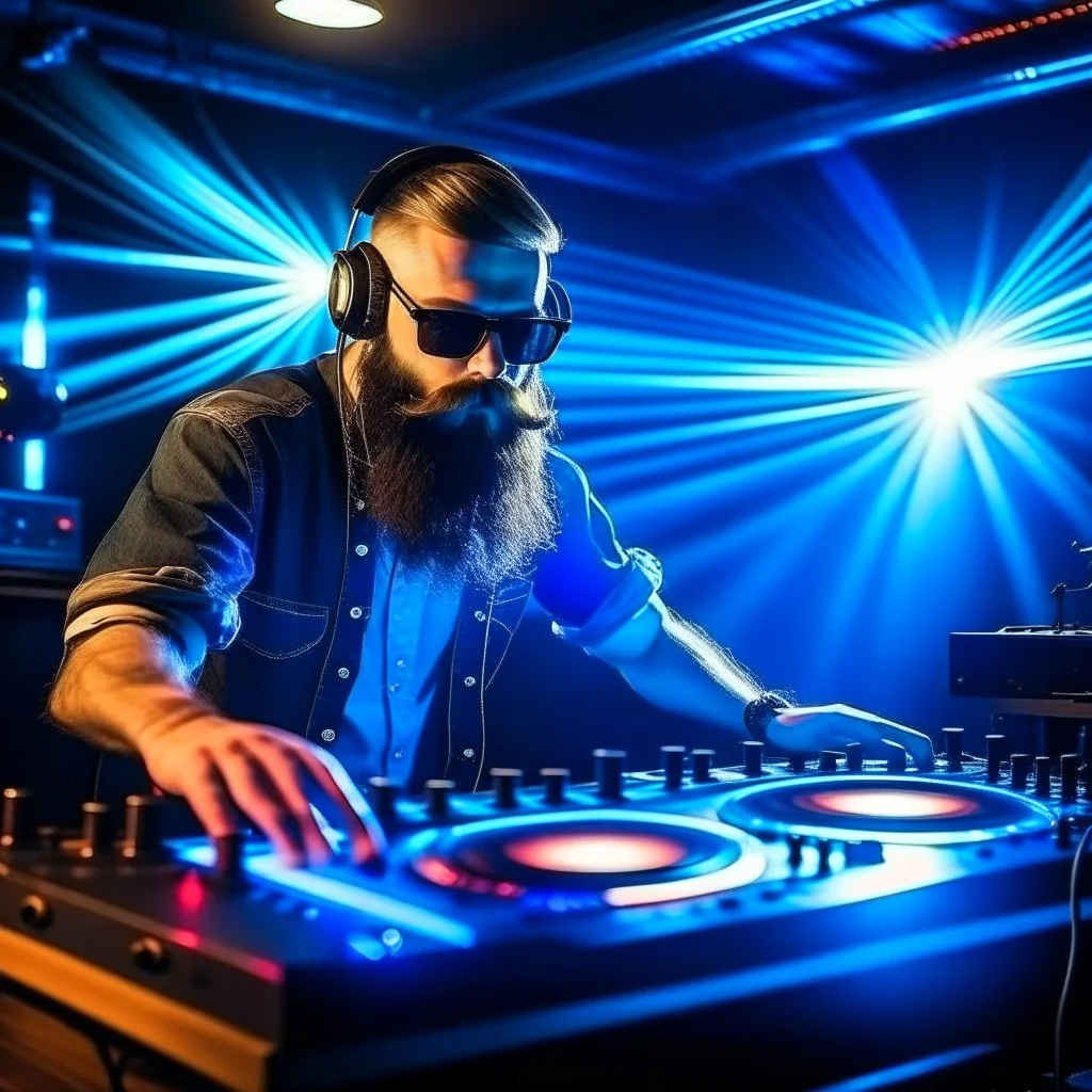 Dance hall ,dj play ,laser lights, l, beard DJ play music with DJ desk,