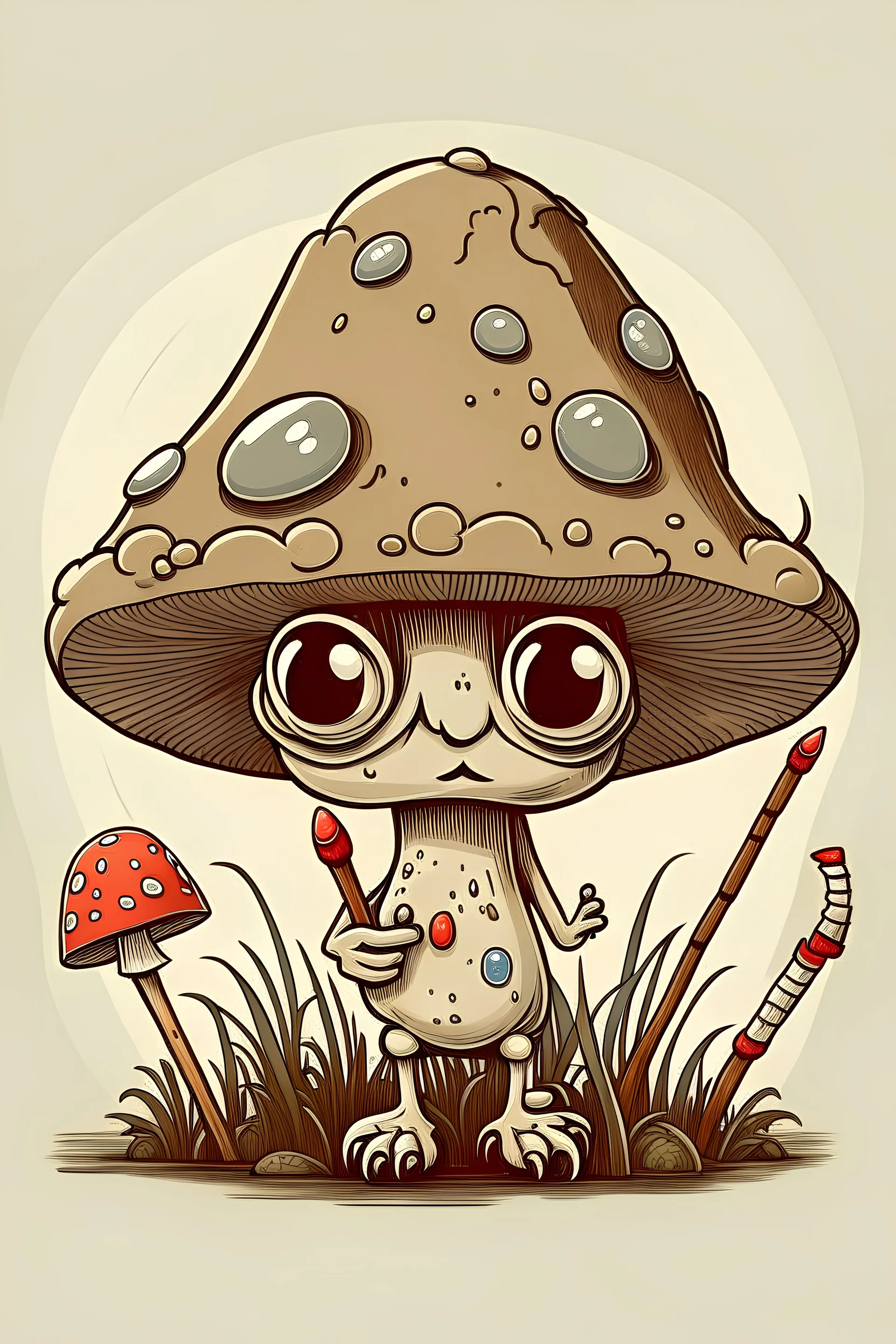 mushroom with eyes hands and a spear