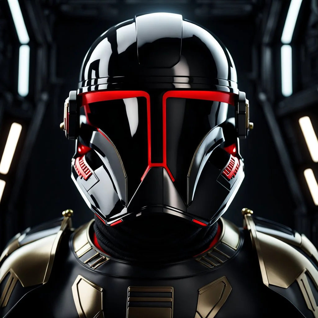 star wars bald male corellian pilot wearing pearlescent black and gunmetal grey First Order special forces heavy assault stealth commando armor and helmet with gold and red trim inside the jedi temple, hyperdetailed, dynamic lighting, hyperdetailed background, 8k resolution, volumetric lighting, light skin, fully symmetric details