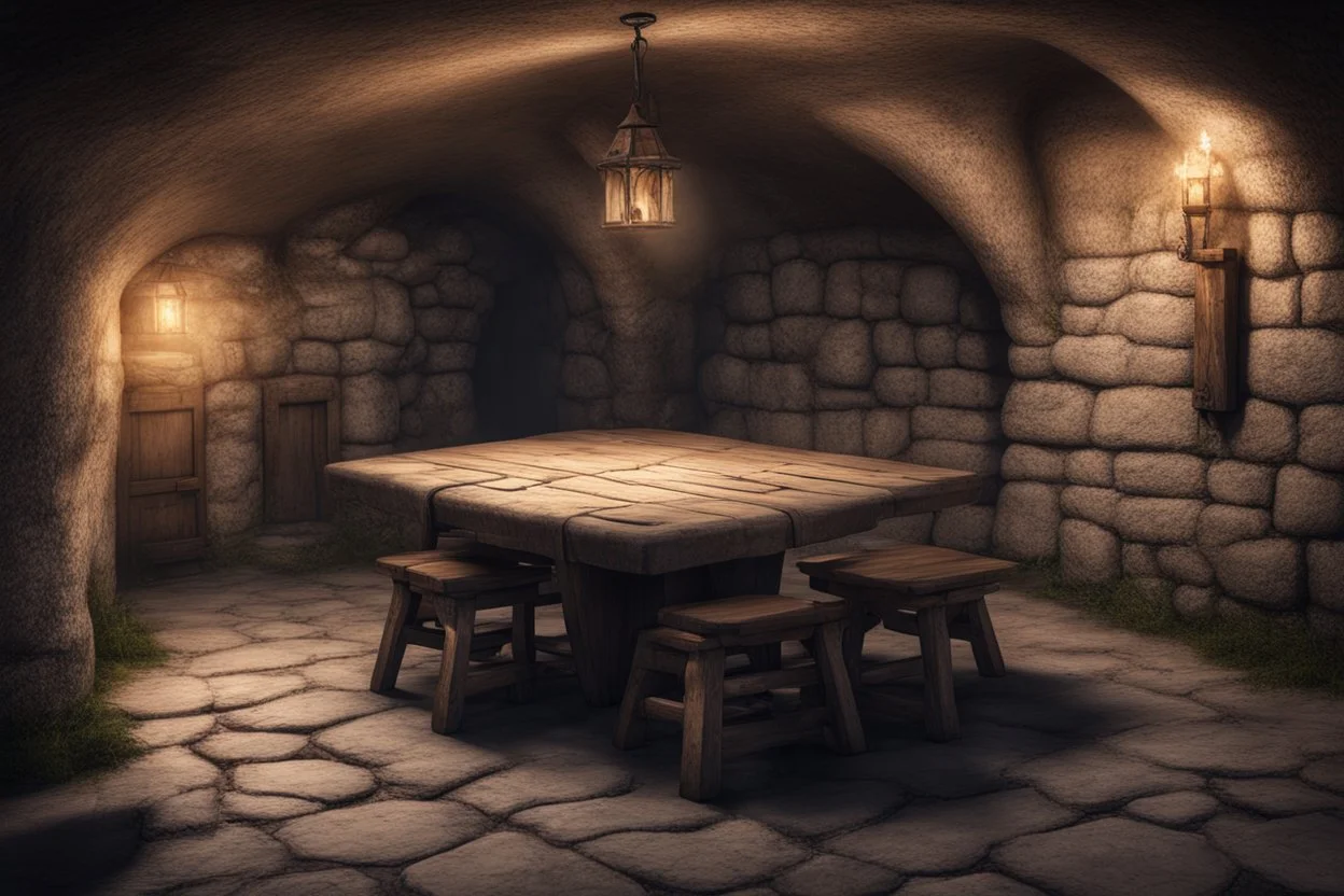 fantasy medieval underground cellar with table