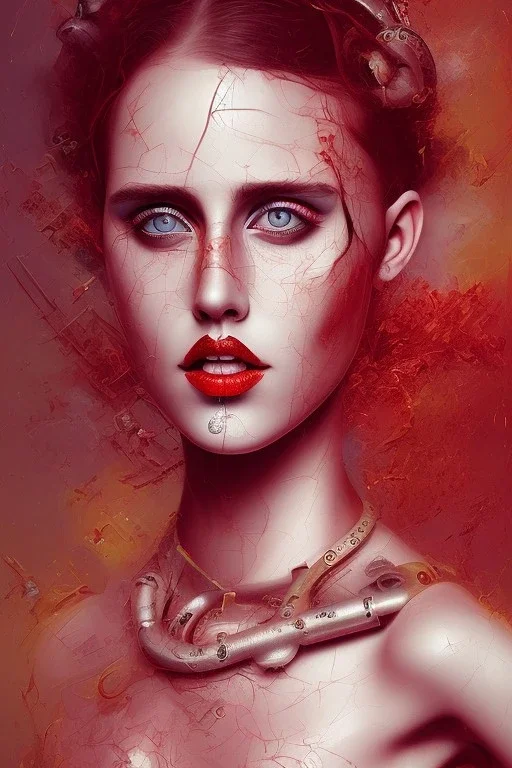 Danish singer MØ face,Abstract steampunk, red tones,oil paint,