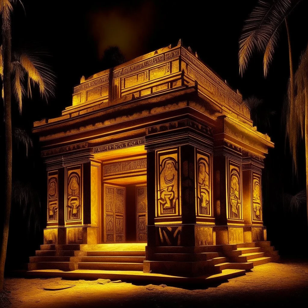 A dark gold temple of light in daytime designed in Mayan architecture painted by Andy Warhol