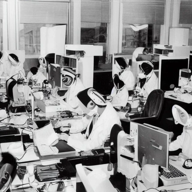 scientists at the computer in carnival masks. the masks are checkered.