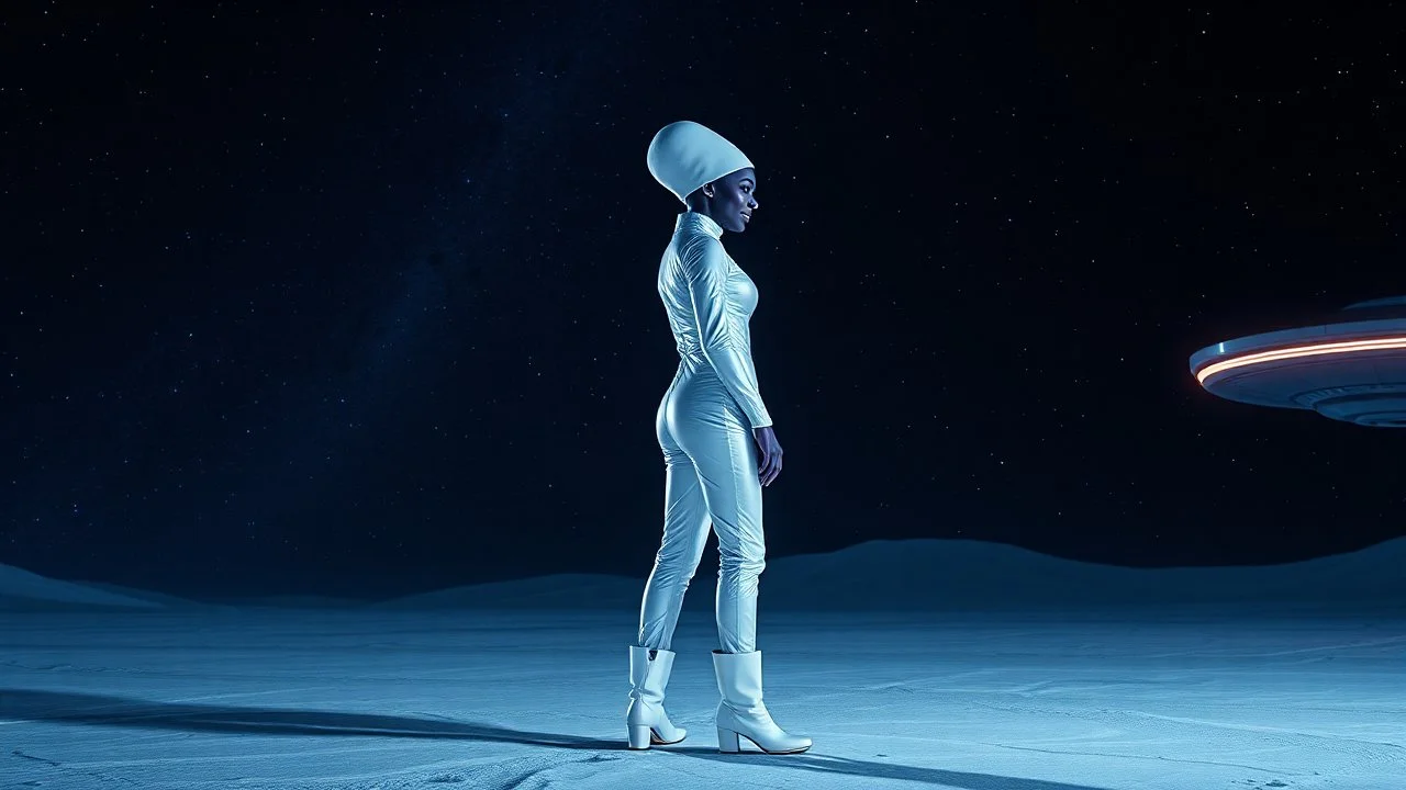 "Artistic photography (((FULL BODY from HEAD to FEET +profile))), enormous almond shape lighted crystal clear eyes, she is gorgeous, dressed in a white shiny jumpsuit she is a gorgeous smiling extra terrestrial woman with indigo purple blue skin with a high elongated skull like Nefertiti, 40 y/o asian, she wears white snow boots, and she is outside on the flying saucers large landing deck of the space station in cosmos.