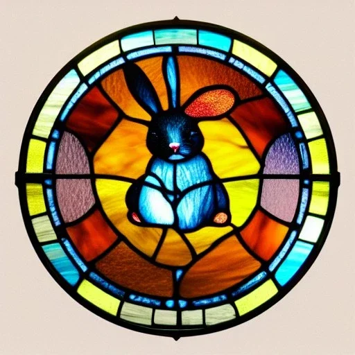 round coaster of bunny with stained glass window effect, highly detailed, intricate, warm colors, stained glass window, glossy from rain, warm lighting, dramatic lighting