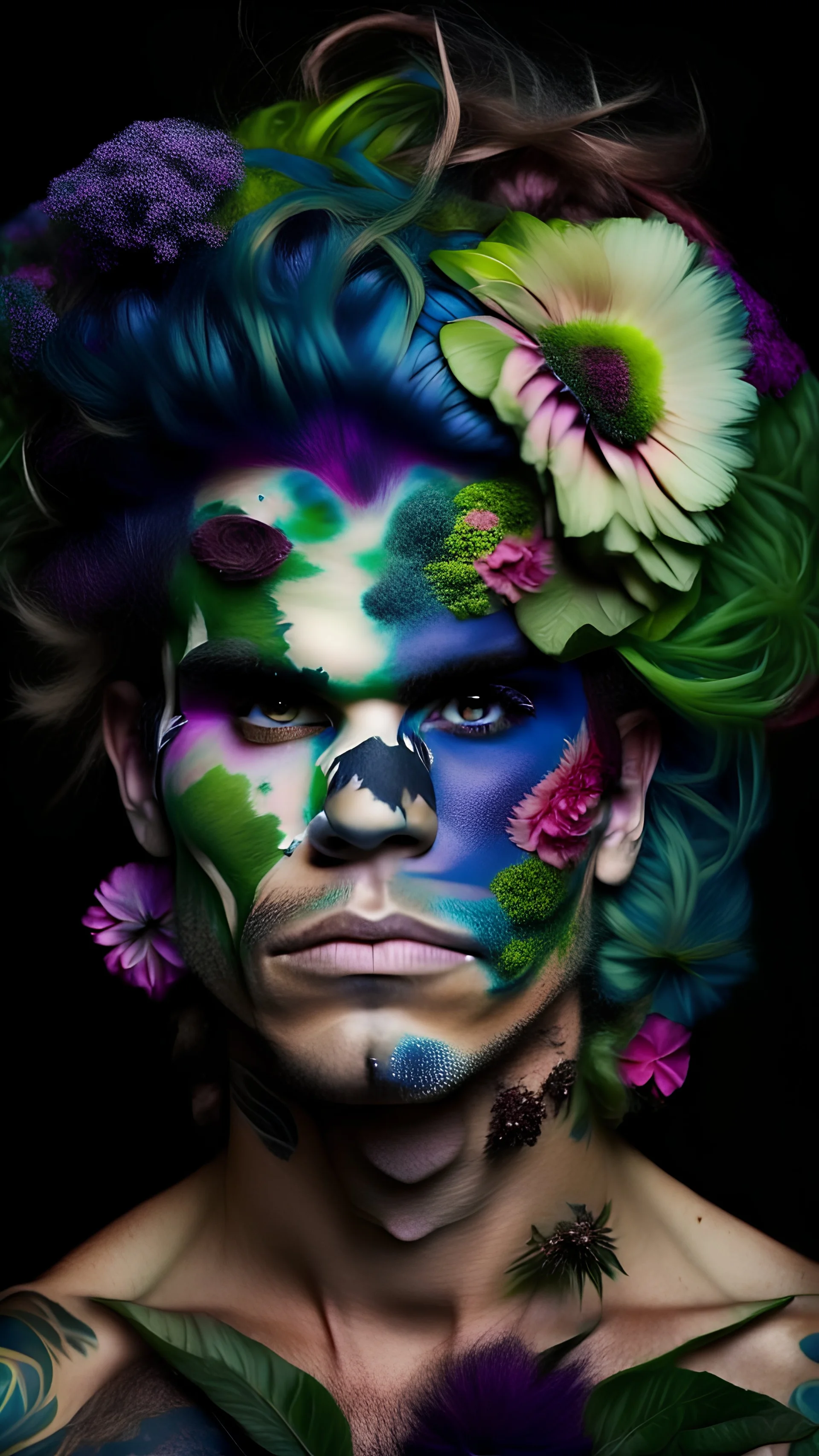 badass man with face painted like planet earth with flower hair and ivy