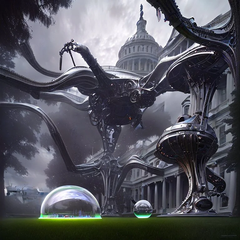 a alien craft that has landed on the white house lawn :: made of shiny obsidian glass :: reflective, glassy :: subtractive lighting, backlit :: by John William Waterhouse, Greg Rutkowski, HR Giger :: hyperrealistic, hyper detailed, photorealistic :: epic, incredible composition, amazing depth, meticulously composed, 16k resolution concept art :: fantasy magazine cover art