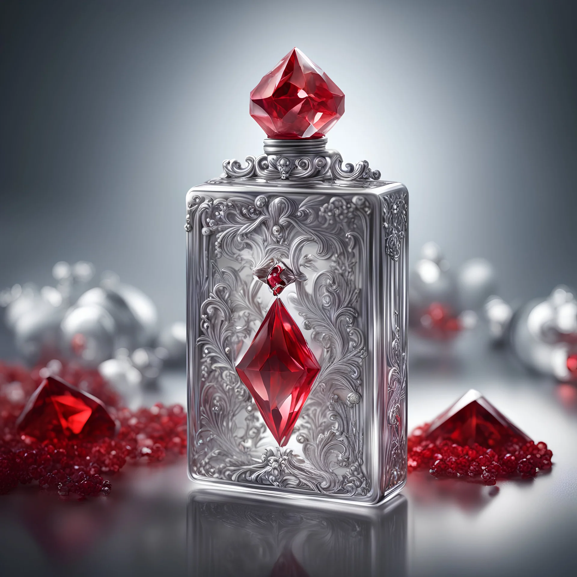 Silver rectangular perfume bottle with red crystal cap and small silver decorations. Illustrative art, art interpretation, concept art, cgsociety contest winner, seasonal art, seasonal art HD, 4k, 8k, intricate, detailed, intricately detailed, luminous, translucent fantasy crystal, holographic data, soft body, shadow play, light, fog, atmospheric, cinematic, light film, hyper-detailed, hyper-realistic, masterpiece, atmospheric, high resolution, 8k, HDR, 500px, mysterious and artistic digital art