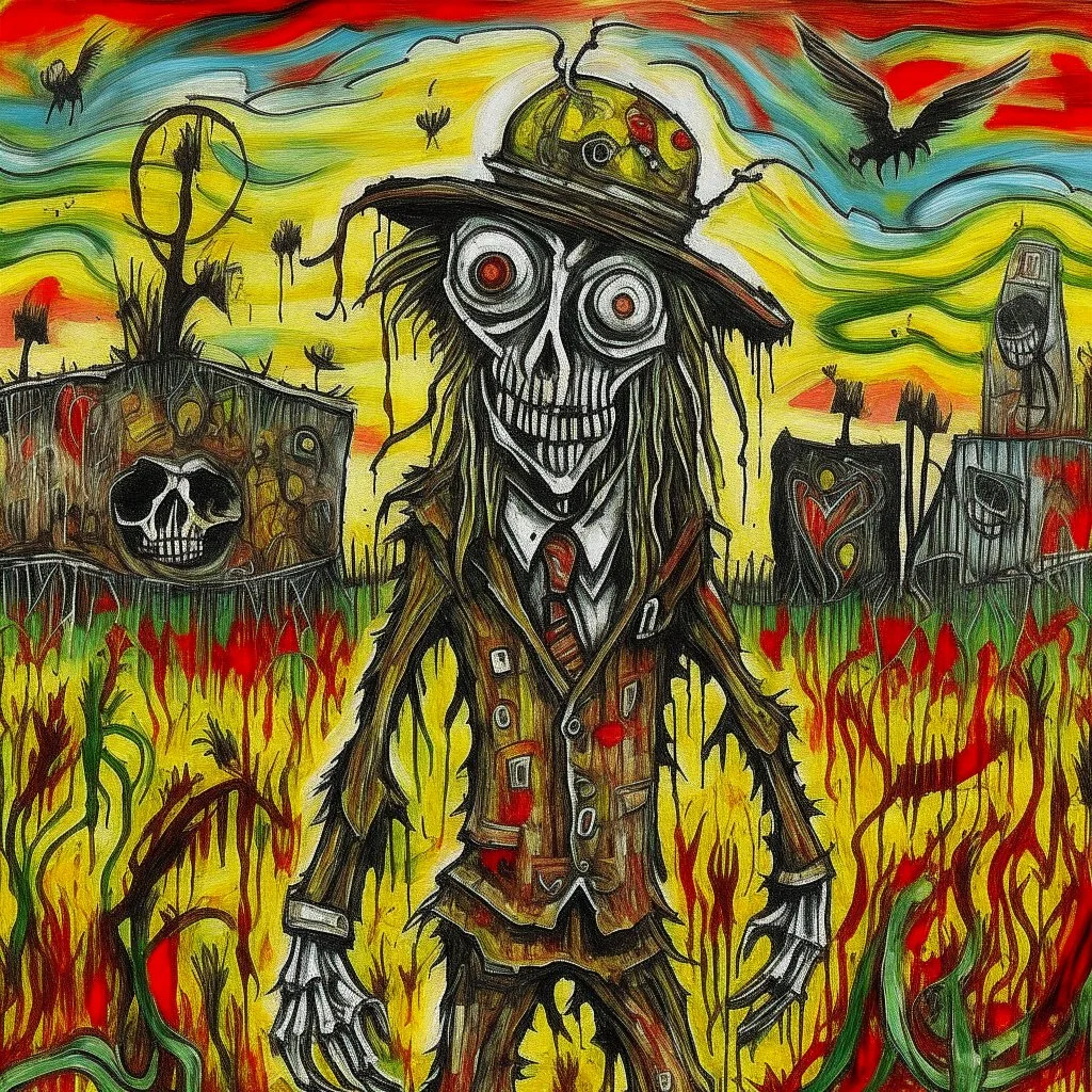 Lovecraftian scarecrow Rapture, dramatic, by Jonathan Meese, 2D oil painting