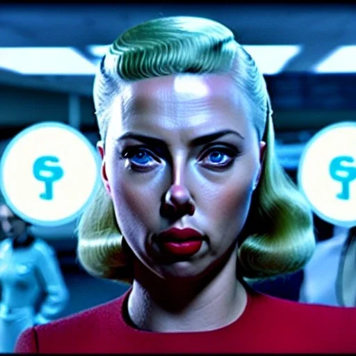 Ultra Realistic retro sci-fi movie Supermarket parking people scene, 1960 year, waist up view portrait, 2 clones blonde women, sweet scarlet Johansson face, perfect iris, glow eyes, face makeup, tight latex coat. many people looking, Retro sci-fi style, soft color, highly detailed, unreal engine 5, ray tracing, RTX, lumen lighting, ultra detail, volumetric lighting, 3d, finely drawn, high definition, high resolution.