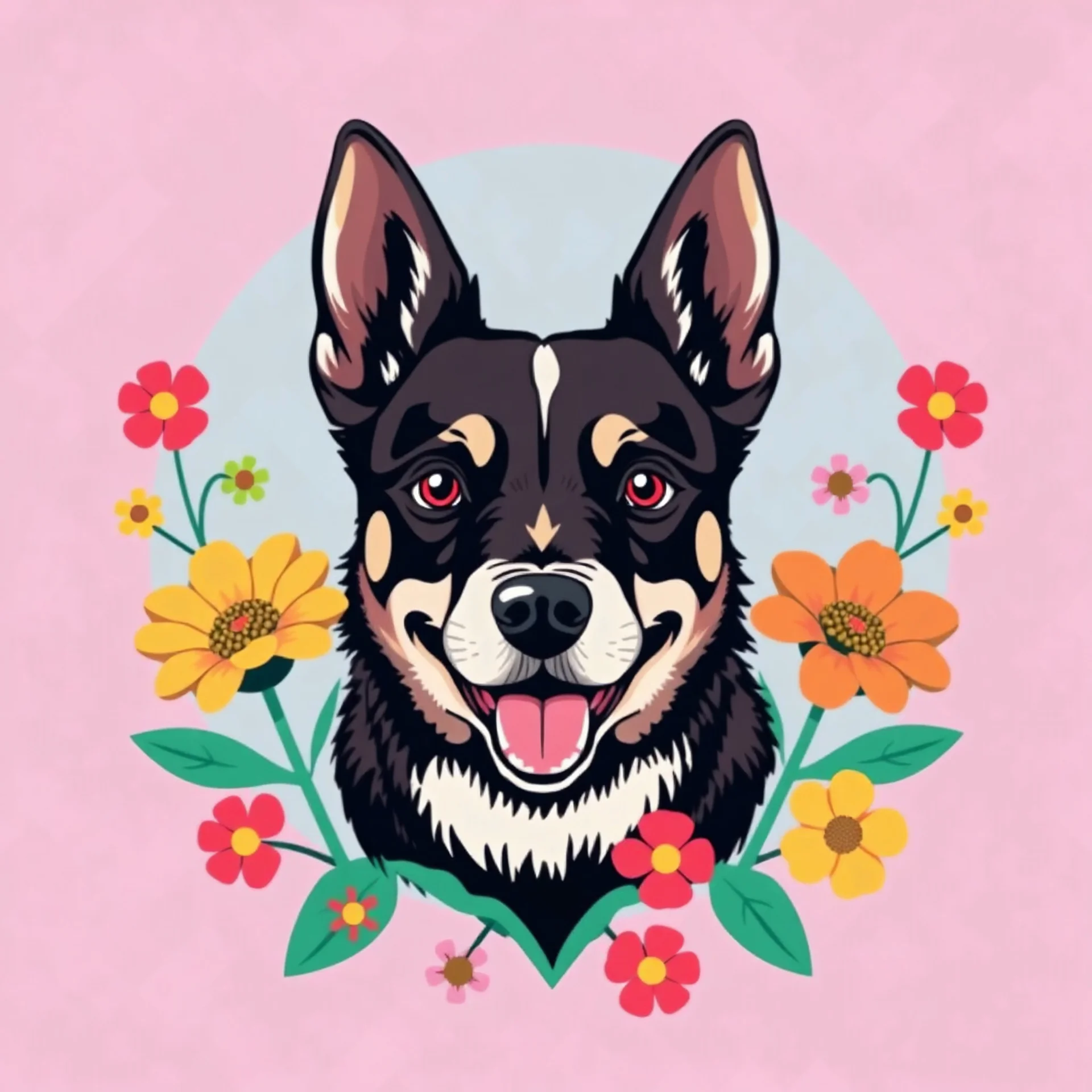 illustratie met in het midden hoofd van hond en er rond kleurrijke vrolijke bloemen illustratie, vector, jaren 70 stijl