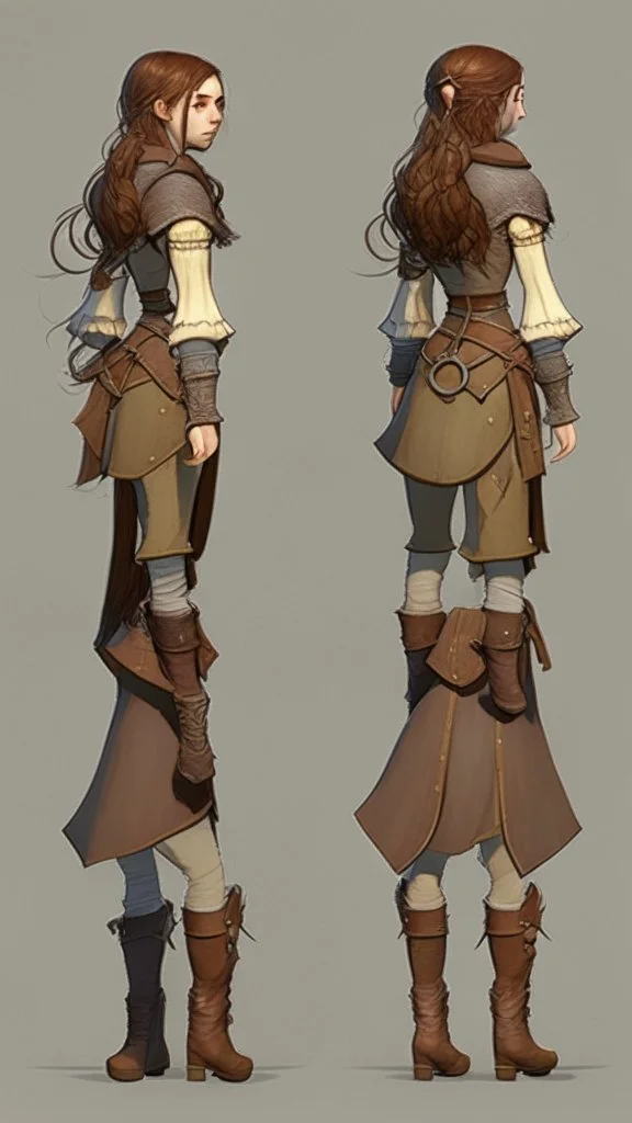 turnaround frontal view, side view and back view, character of a girl, realistic style, brown hair, she wears fantasy medieval clothes, she is slim, full body with boots