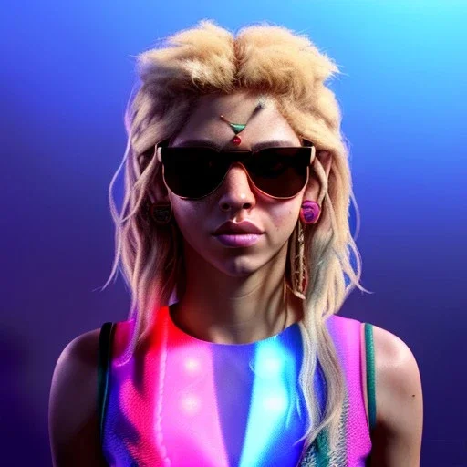 Shakira, artist, 30 years old, Realistic image, waist up portrait, etro style dress. Gucci sunglasses. Blonde, loose long hair, eyes make up, perfect, glow, circle iris. Neon colors, leds, geometric shapes. Dark background, neon lights. Cyberpunk, concept art, smooth, unreal engine 5, god lights, ray tracing, RTX, lumen lighting, ultra detail, volumetric lighting, 3d, finely drawn, high definition, 4k.