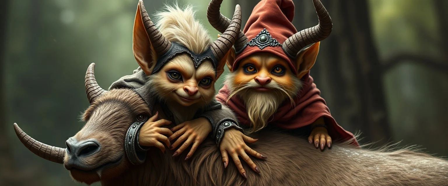 a gold ginger fluffy gnome female quickling kobold gremlin that looks like the opposite of a vampire in bunad leaning on an elk, holding his horns