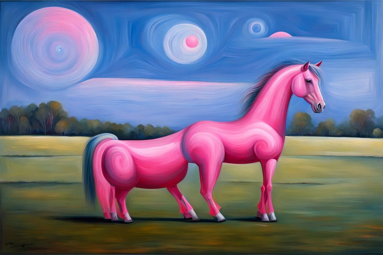 strange Big pink plastic horse.19th painting