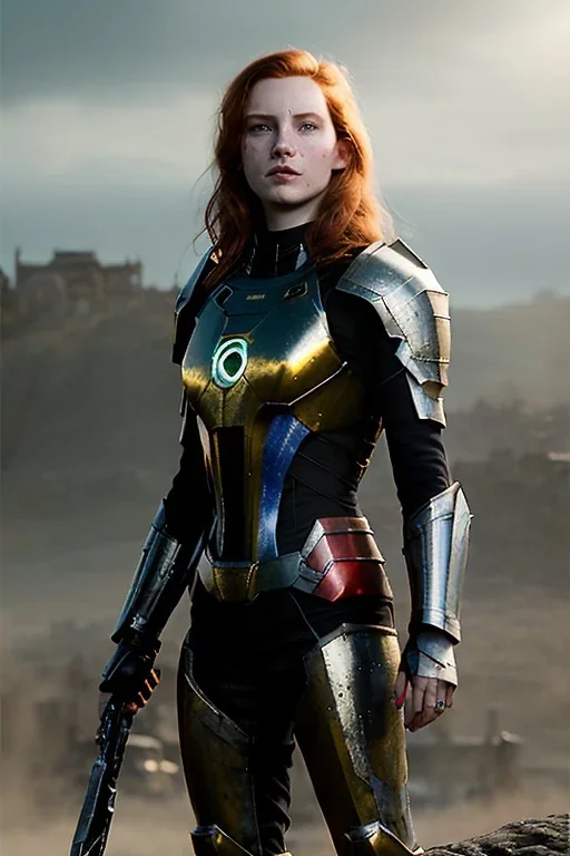 ultrarealistic, concept art, panoramic, ruined city,__intricate fantasy armor__, no star, __angles__, 18 year old woman, strikingly beautiful,ginger hair, _colour_, (pale __skincolor__ skin:1.2), __camera__, long hair, detailed face and eyes, medium breasts, sci-fi theme, freckles, dynamic pose, resolved expression, __accessory__, strappy outfit, (straps:1.1), sword in scabbard on left hip, (buckles, buttons, snaps, rings:1.0), haltertop style breastplate, detailed eyes, plump lips