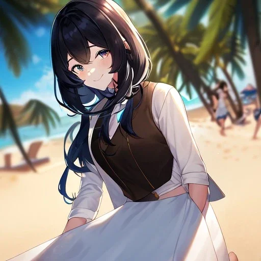 Clear focus, High resolution, black short fluffy hair, long locks, smiling, wearing a brown vest on top of a white skirt, wearing a blue short skirt, at the beach, cinematic lighting