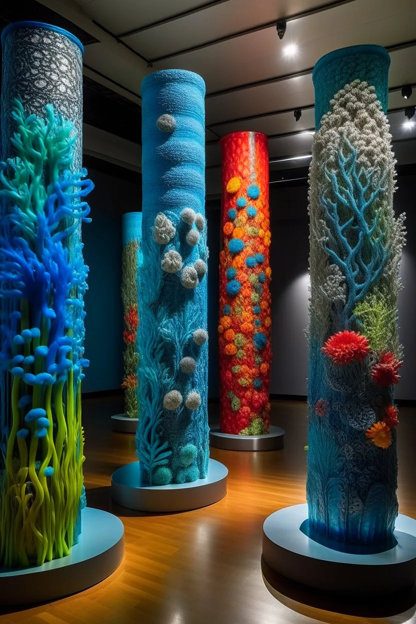 Install a series of towering textile pillars representing coral reefs, each adorned with Mandarin Fish motifs and marine life. These pillars can be arranged in a way that guides visitors through a pathway, simulating a dive through a coral reef.