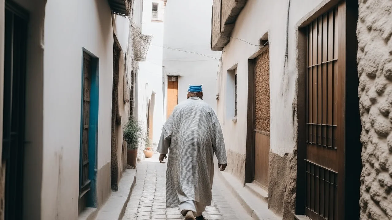 Rear view of an elderly Moroccan walking in a Moroccan alley with white walls