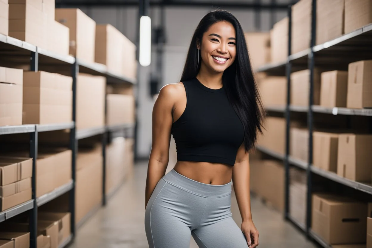 a young woman standing in a warehouse setting, surrounded by shelves stacked with boxes. She has long, straight black hair and a bright smile, exuding confidence and positivity. She is wearing a fitted black crop top with a logo on it and high-waisted white leggings that have a sporty design. The background is slightly blurred, focusing attention on her, and the lighting is bright, creating a lively atmosphere.