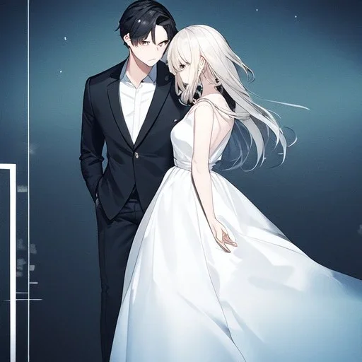 anime couple with day on one side night on the other, stormy night on one half, sunny day on the other half,ballancing scale, couple is standing back to back, girl is wearing white dress and man is wearing black suit