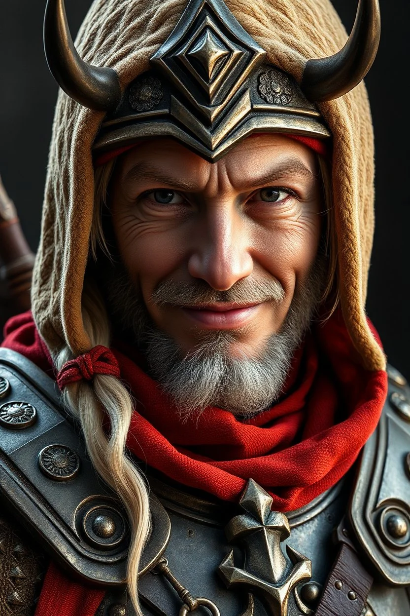 KEN as lama thief in full armor. Close up portrait. Afraid to fail, afraid to dive within. But still smiling.