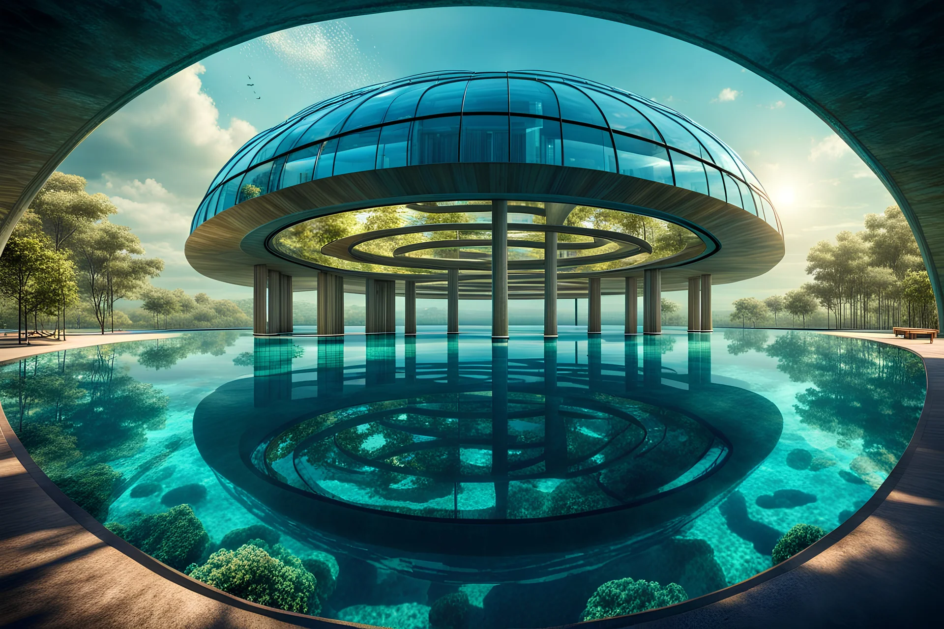 an underwater building in the shape of a twelve-section torus,modern,circle,sea,reflect panel,little building