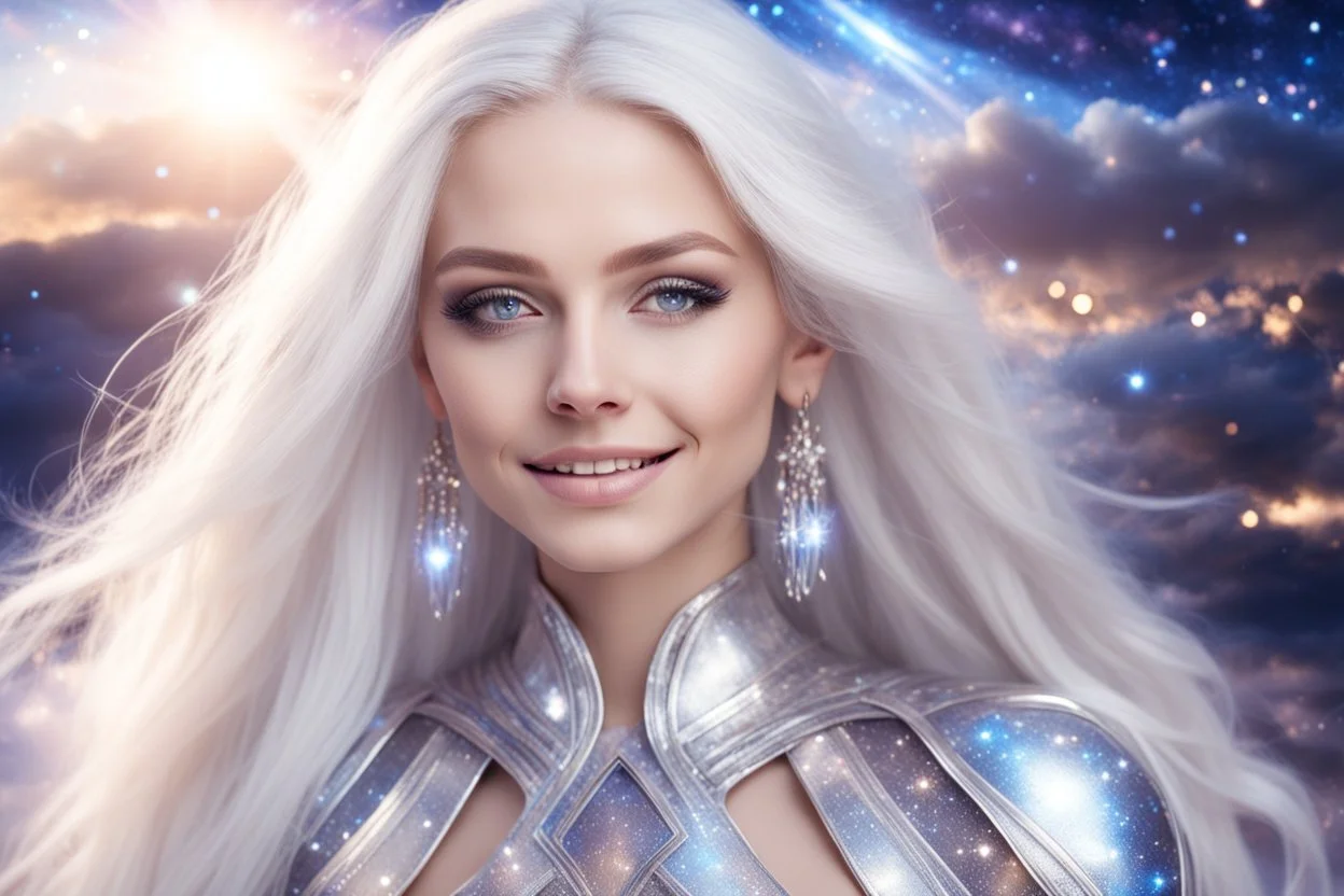 very beautiful cosmic women with white long hair, little smile, with cosmic silver metallic suite and brightly earings. in the background there is a bautiful sky with stars and light beam