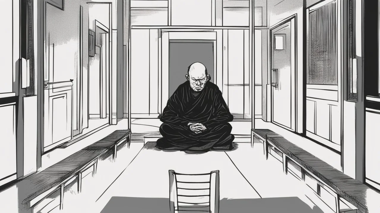 ، يظهر رجل جالس على كرسي في غرفة مظلمة. وجهه غير واضح، لكن يمكن رؤية عينيه مغمضتين. الرجل يرتدي ملابس سوداء، ويبدو أنه في حالة من الهدوء والتأمل.