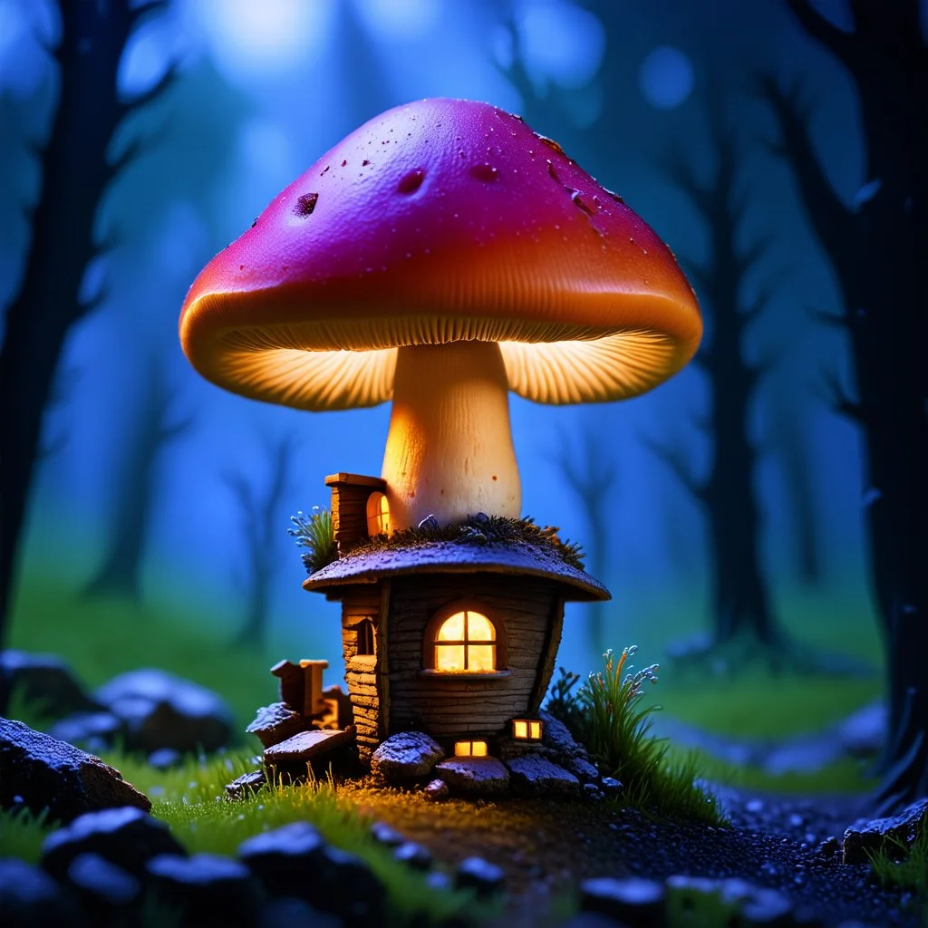 "Close up of a wonderful tiny Mushroom Tower home. Red and orange with bright white, deep black and contrasting tones of gray magenta and violet colors. Illuminated bioluminescent forest. Professional painter, master at composition. small but detailed. broken, blurred background, voluminous lighting"