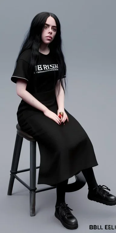 Billie Eilish, sitting on a chair, Black Short Dress, high detail, realistic