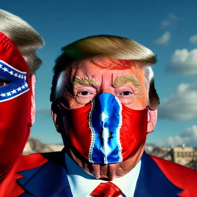 realistic image of donald trump as a mexican wrestling fighter posing outdoors, Mexican eyes wrestling mask, red and blue breeches, suspenders, retro style, 80s, vibrant color, highly detailed, sky background, concept art, unreal engine 5, god rays, ray tracing, RTX, lumen lighting, ultra detail, volumetric lighting, 3d, finely drawn, high definition, high resolution.