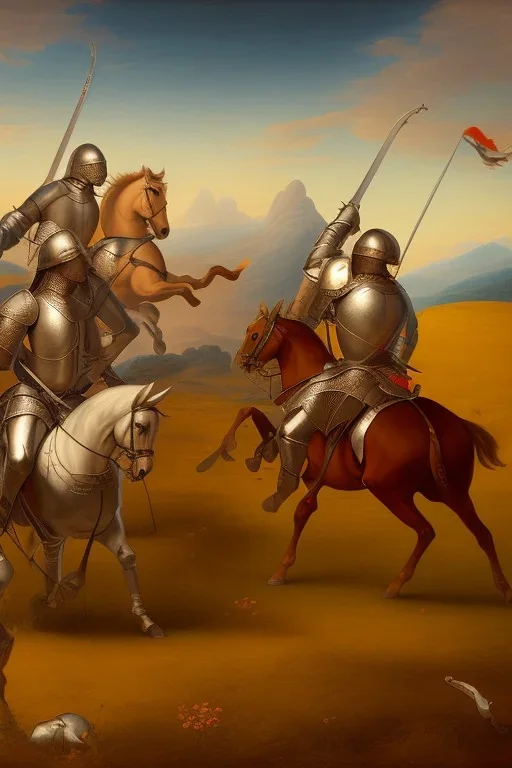 renaissance painting of mounted knights galloping across an open field, swords in hand, mountains in distance