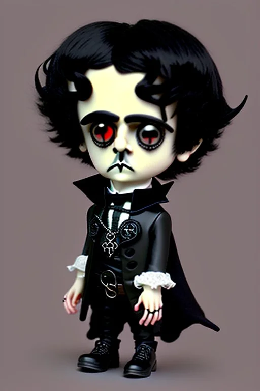 black haired black eyed young man necromancer steampunk goth Gnome that looks like a young Edgar Allan Poe with gothic jewelry in the style of Charles Addams