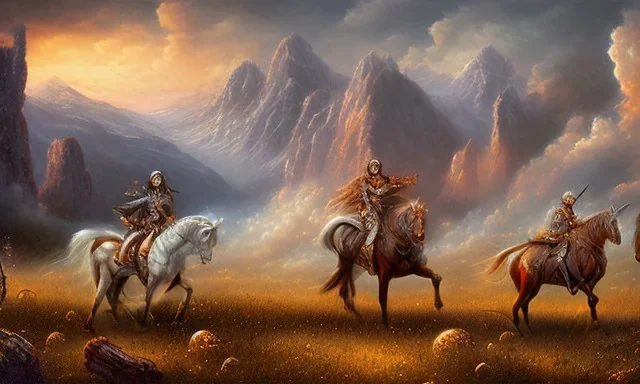 lost souls, the four horsemen of the apocalypse, rapture, peaceful meadow with mountains on fire in the background