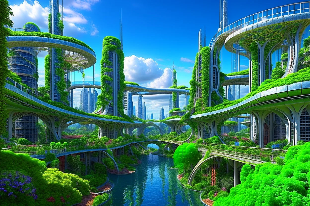 A futuristic alien city, with balconies, verandas, many arches, bridges, spires, paths, trees, dense foliage, Spanish moss, ivy, river, blue sky, white clouds