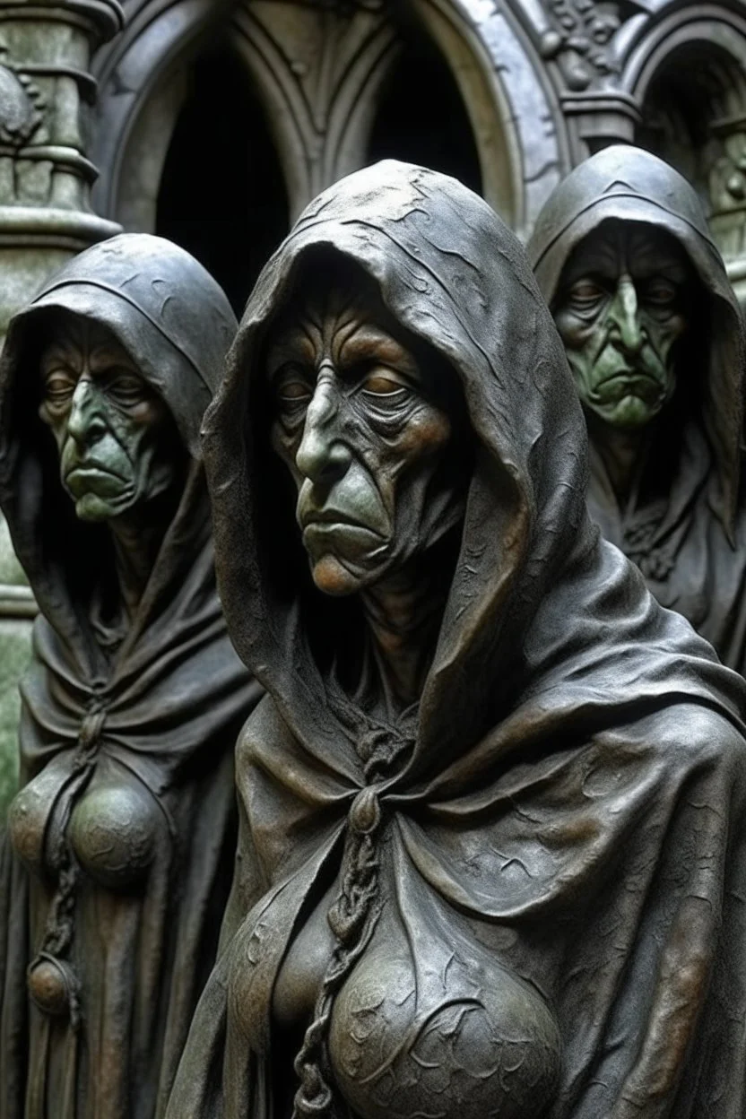 sculpture of a scary hooded witches . Multiple faces . decayed and rotting with grotesque proportions and imagery. abstract grotesqueries, detailed texture, surreal horror, biomechanical design, by hr giger and beksinski