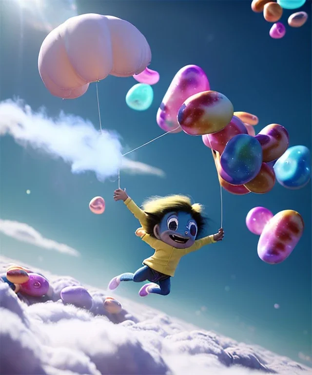 Ultra realistic speed clouds sky scene, wide angle view, sweet childs falling down, inflatable color clothing, free jumping flying, many trinkets, hair monster, many jelly beans, balls, color smoke, smile, happy, circus style, extreme, wind, clouds sea, 20,000 feet altitude, stratosphere, soft color, highly detailed, unreal engine 5, ray tracing, RTX, lumen lighting, ultra detail, volumetric lighting, 3d, finely drawn, high definition, high resolution.