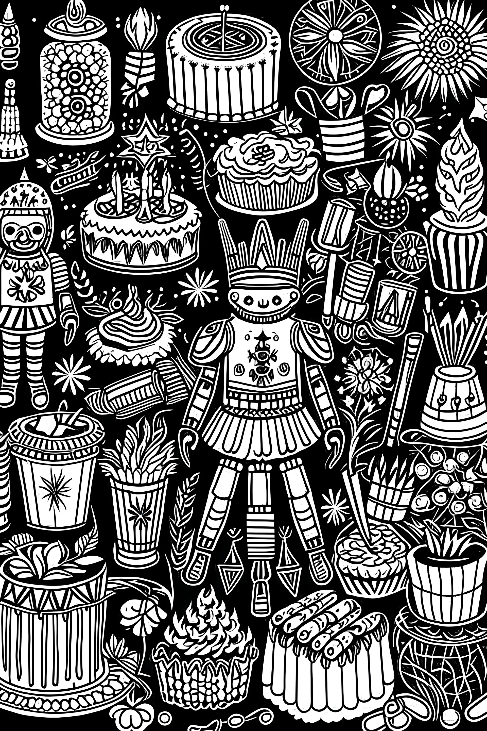 outline art for a birthday celebration with gingerbread and nutcracker theme on black and white.