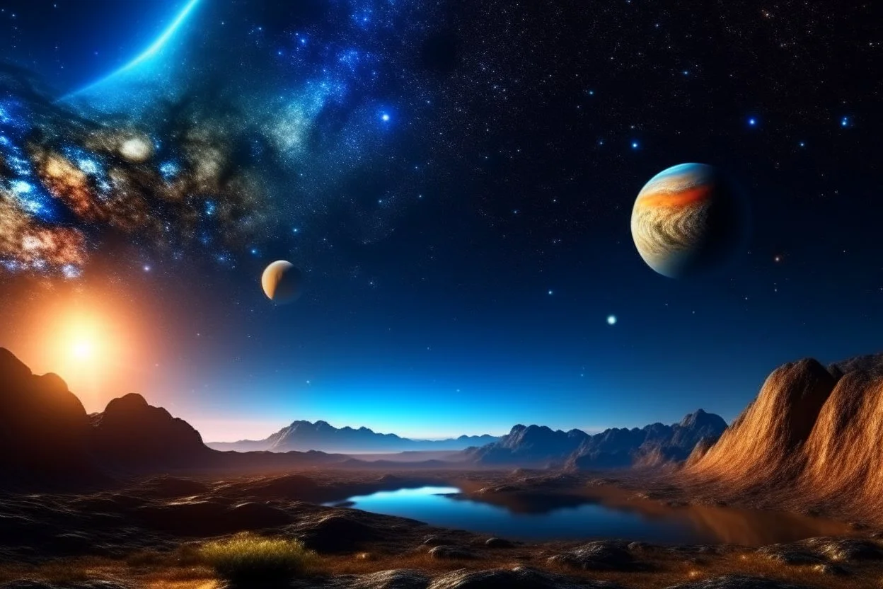 Beautiful view five planets Jupiter, Mercury, Venus, Uranus, Mars align sky universe filled with night stars constellations and milkyway.Modifiers:sharp focus extremely detailed Award winning photography fantasy intricate 8k beautiful dynamic lighting award winning fantastic view high definition crisp quality Unreal Engine colourful VRay