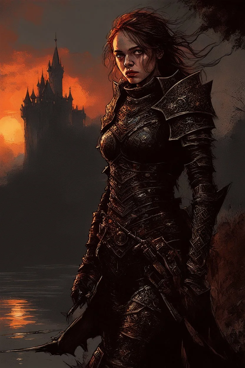 A formidable warrior girl in black armor, on the background Amazing gloomy landscape, flooded with sunset, mountains, trees, fabulous scary hero, , juicy emotions, painting, dark fantasy, gloomy day, dark world, portrait, Gothic Town At Night, Fantasy, Intricate Details, Castle Courtyard Gardens, Hyper Detailed, Jean Baptiste Monge, Carne Griffiths, Michael Garmash, Seb Mckinnon, Masterpiece