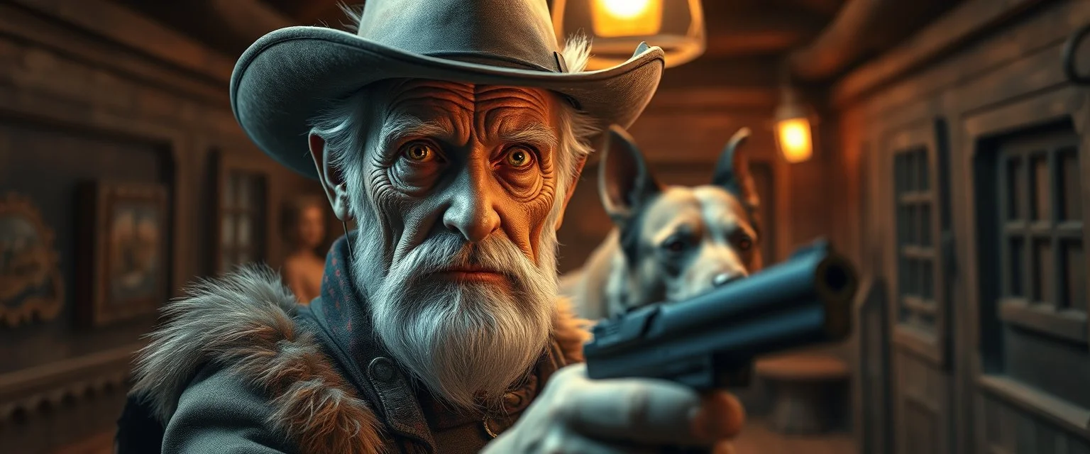 gritty air brush 3d with pen outline,seasoned handsome gunslinger western fluffy elder woman edgy hero with slightly glowing eyes and nudged dented skin in front of glistening space tardigrade dog, shallow depth of field, warm lantern, pin hole cam in darkened doll house space ship hall, bottom floor board edge border