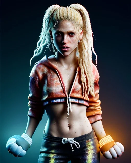 portrait, Shakira, blonde artist, angry, Realistic image, hoodie, mma gloves, combat possing, make-up make-up, gold line make-up, sweat, fog, goddess style, Neon colors, leds. Black background, photo studio, concept art, smooth, unreal engine 5, god lights, ray tracing, RTX, lumen lighting, ultra detail, volumetric lighting, 3d, finely drawn, high definition, 4k.