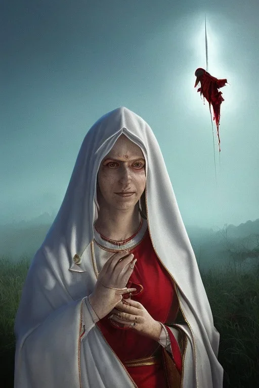 The Virgin Mary, cry in the dark, blood, darkness, Outlast, photorealistic illustration, 8k