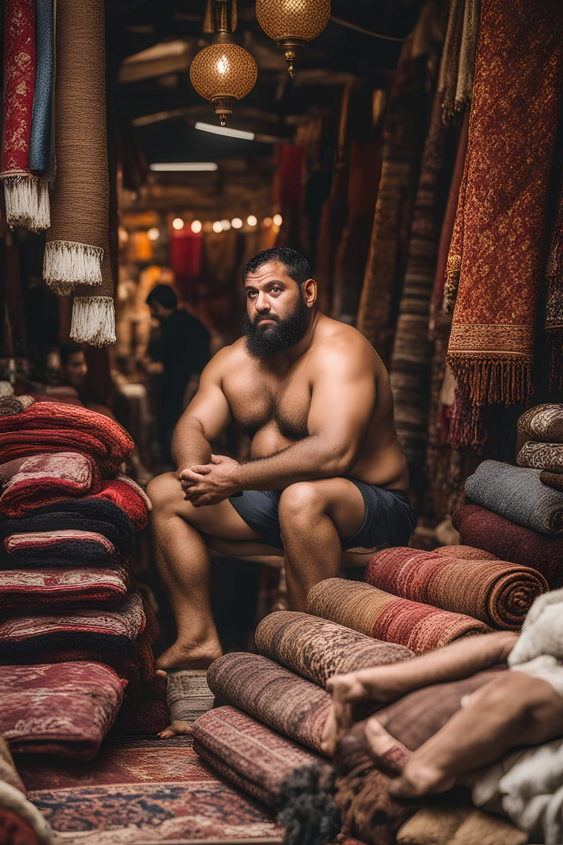 close up photography of a burly beefy strong 35-year-old arab in Istanbul bazaar, shirtless, selling carpets sitting on a pile of carpets, biig shoulders, manly chest, very hairy, side light, view from the ground